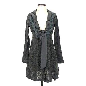 Areve Women Gray Ruffle Bow Lace Trim Longline Boho Cardigan Sweater Sz S 1110H3